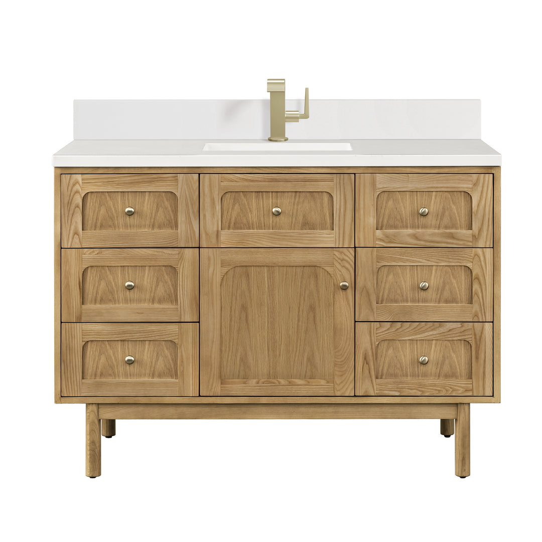 Laurent 48" Single Vanity, Light Natural Oak w/ Single Hole 3 CM White Zeus Top & Backsplash