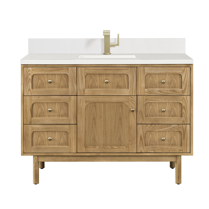 Laurent 48" Single Vanity, Light Natural Oak w/ Single Hole 3 CM White Zeus Top & Backsplash