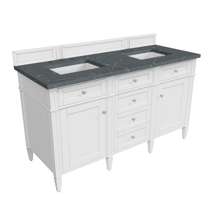 Brittany 60" Double Vanity, Bright White Vanity w/ 3 CM Parisien Bleu Silestone Top