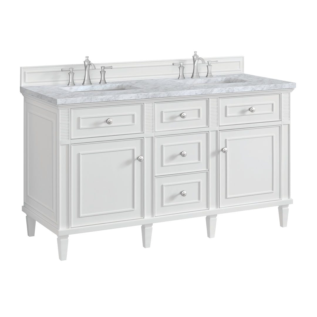 Lorelai 60" Double Vanity, Bright White w/ 3 CM Carrara White Marble Top