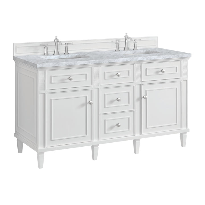 Lorelai 60" Double Vanity, Bright White w/ 3 CM Carrara White Marble Top