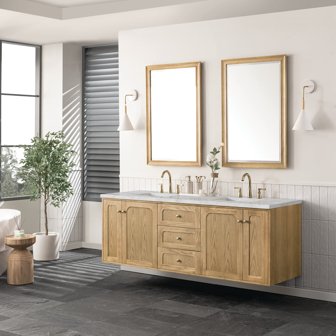 Laurent 72" Double Vanity, Light Natural Oak w/ 3 CM Victorian Silver Top w/FreePower Wireless Charger