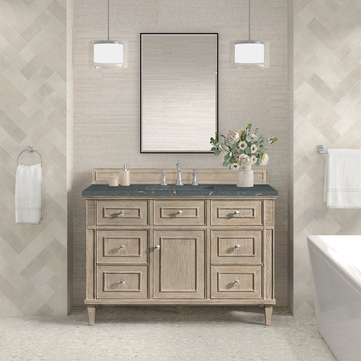 Lorelai 48" Single Vanity, Whitewashed Oak w/ 3 CM Parisien Bleu Silestone Top w/FreePower Wireless Charger