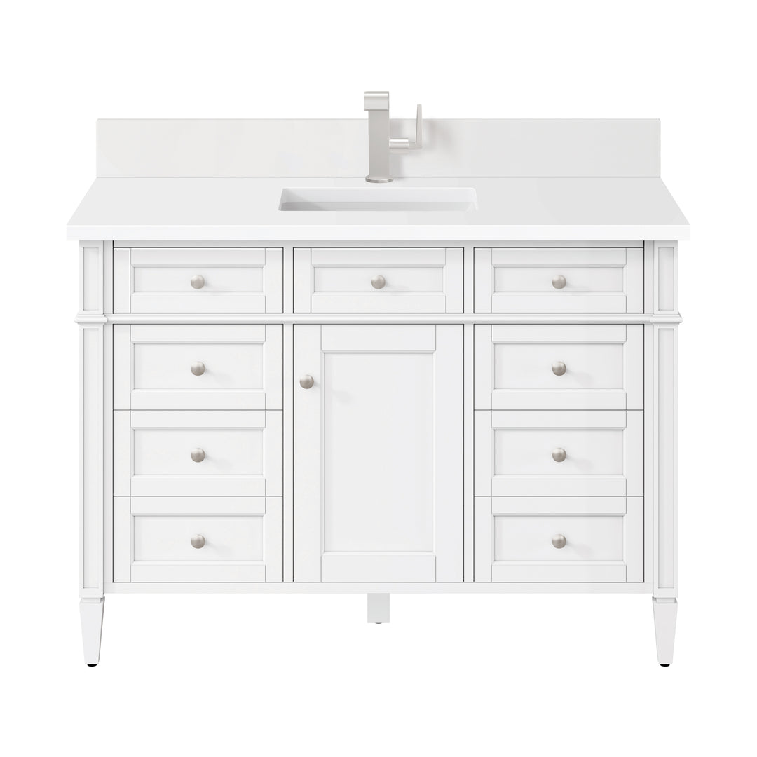 Brittany 48" Single Vanity, Bright White w/ Single Hole 3 CM White Zeus Silestone Top & Backsplash