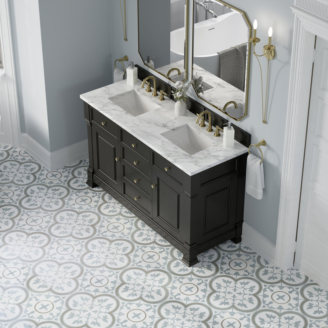 Brookfield 60" Double Vanity, Black Onyx w/3 CM Carrara White Marble Top