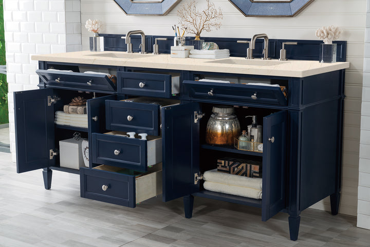Brittany 72" Double Vanity, Victory Blue w/ 3 CM Eternal Marfil Silestone Top