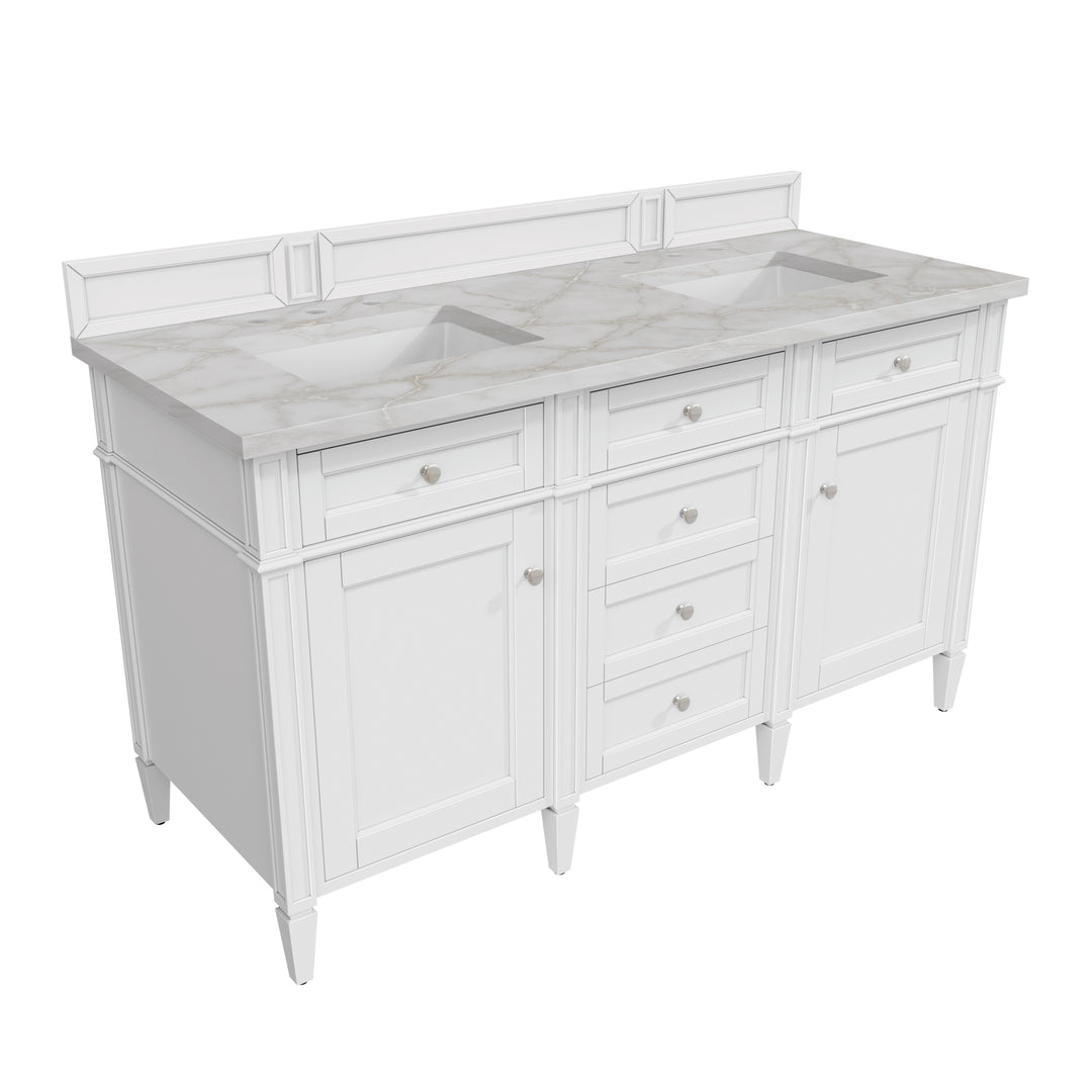 Brittany 60" Double Vanity, Bright White Vanity w/ 3 CM Victorian Silver Silestone Top