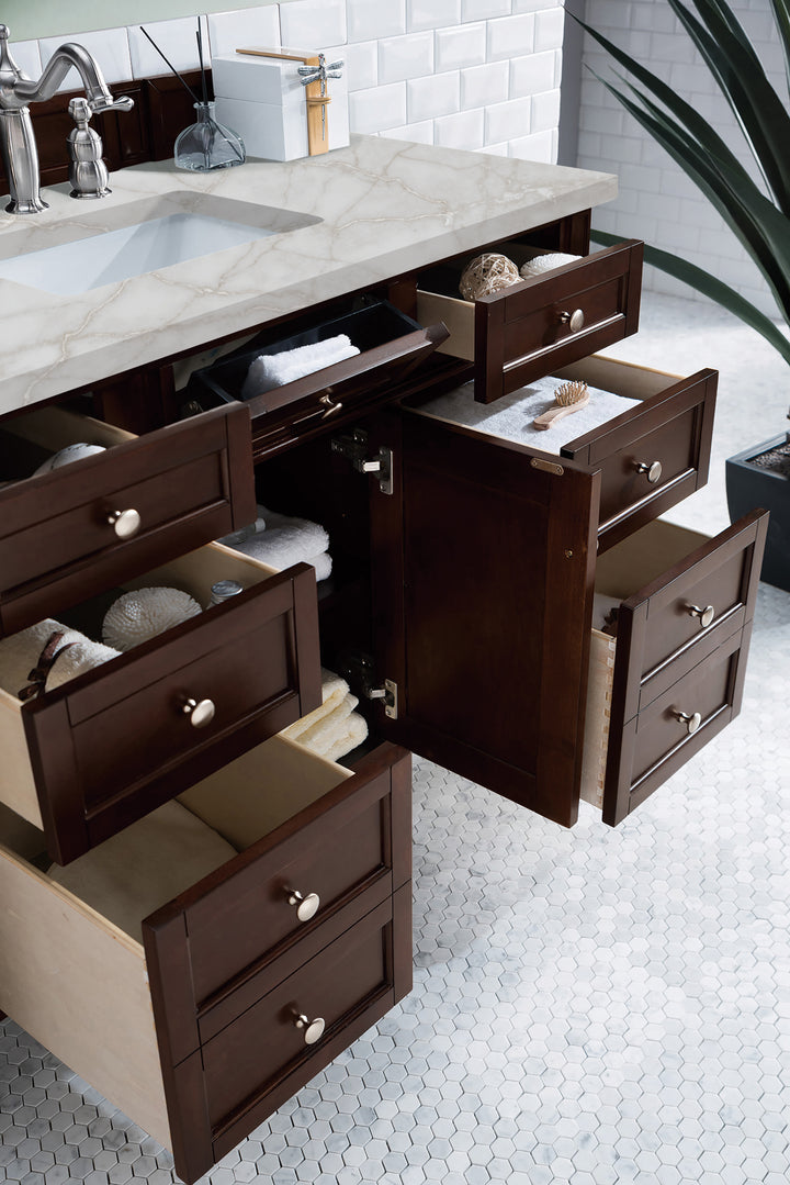 Brittany 48" Single Vanity, Burnished Mahogany w/ 3 CM Victorian Silver Silestone Top