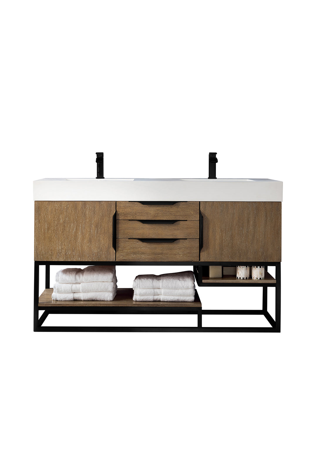Columbia 59" Double Vanity, Latte Oak, Matte Black w/ Glossy White Composite Stone Top