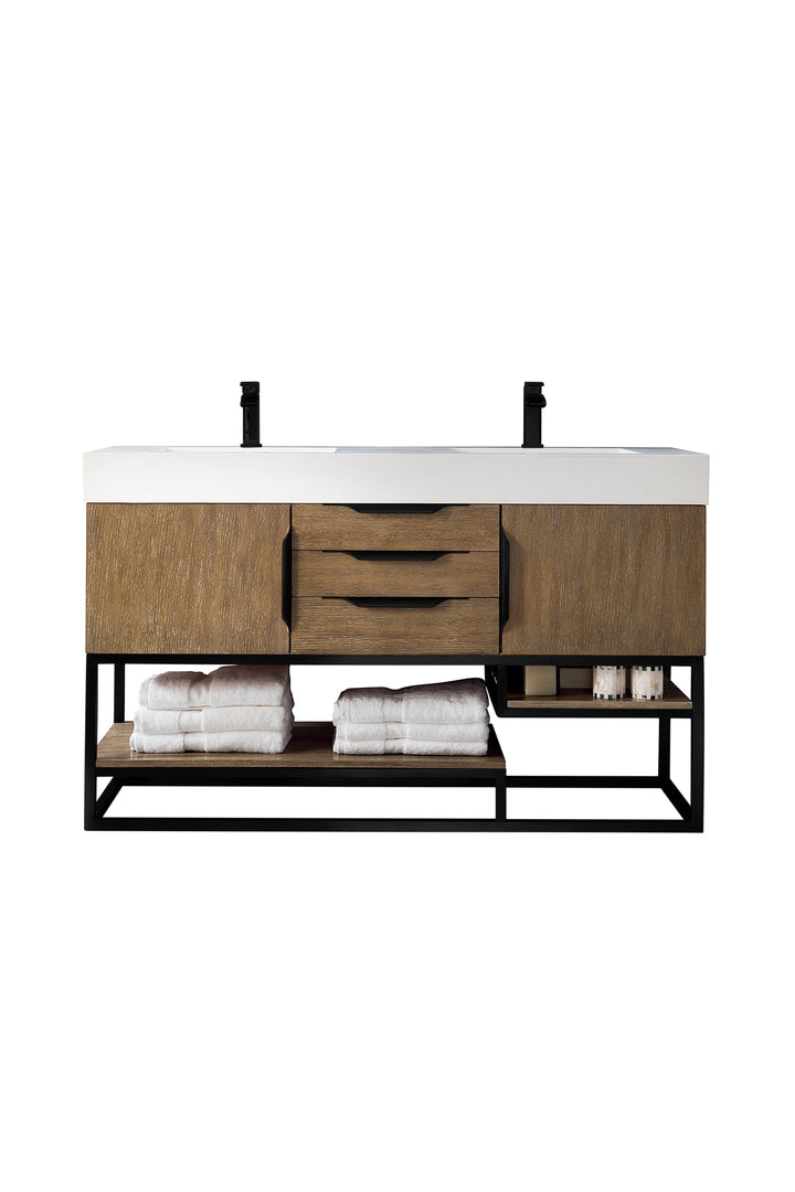 Columbia 59" Double Vanity, Latte Oak, Matte Black w/ Glossy White Composite Stone Top