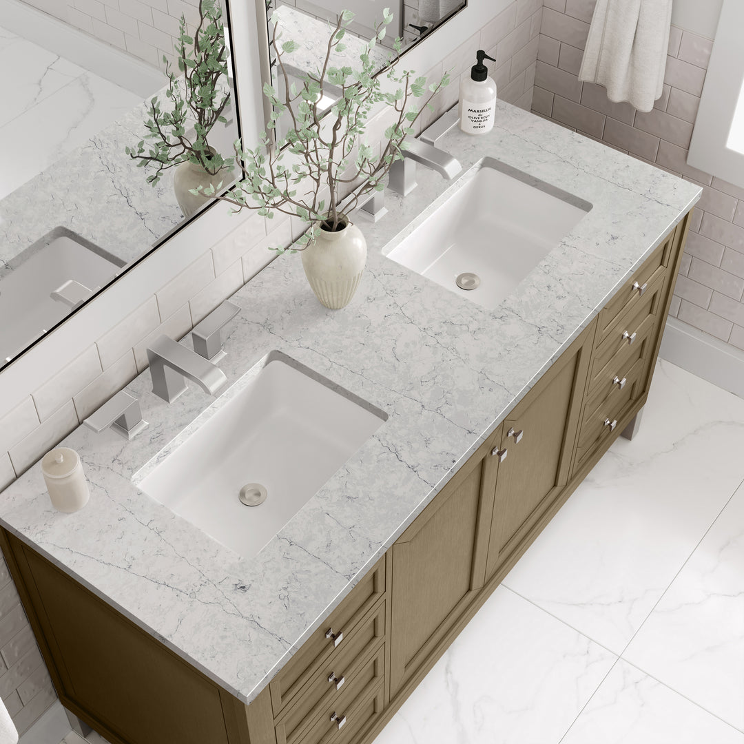 Chicago 60" Double Vanity, Walnut Whisper, w/ 3 CM Eternal Jasmine Pearl Silestone® Top w/FreePower Wireless Charger