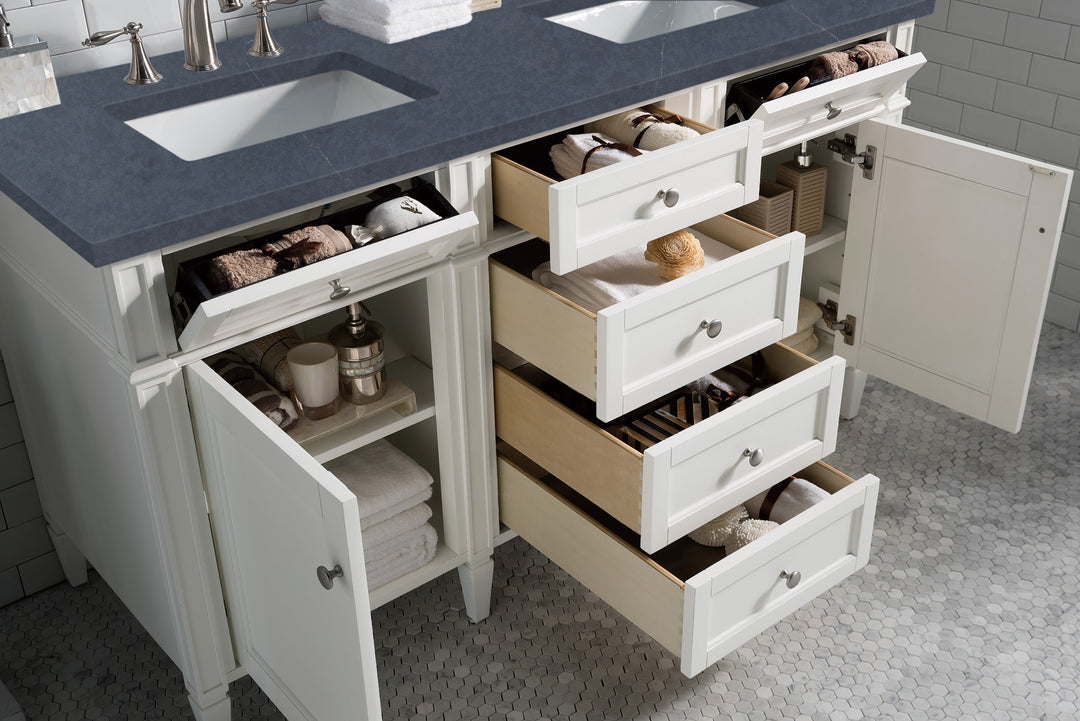 Brittany 60" Double Vanity, Bright White Vanity w/ 3 CM Charcoal Soapstone Silestone Top