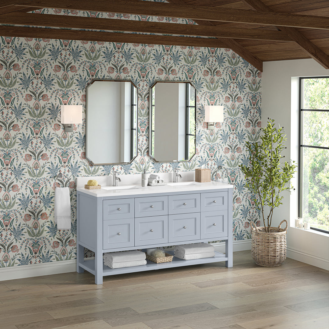 Breckenridge 60" Double Vanity, Serenity Blue, w/ Single Hole 3 CM White Zeus Quartz Top & Backsplash