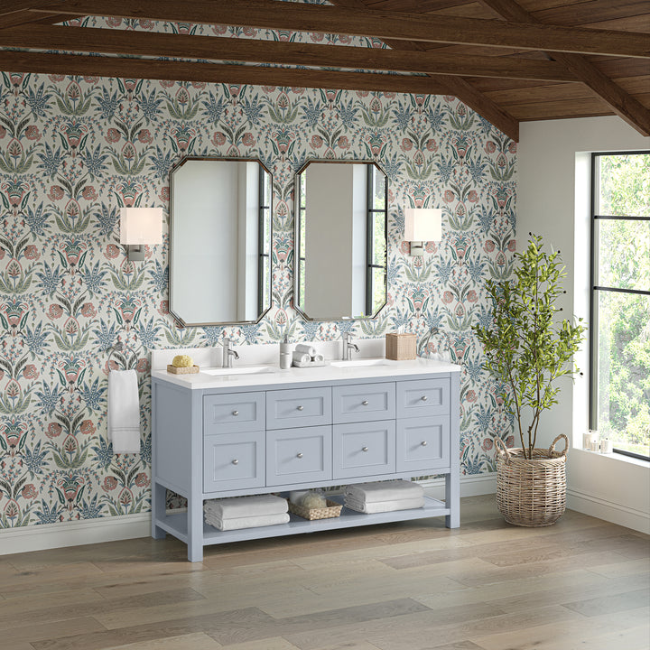Breckenridge 60" Double Vanity, Serenity Blue, w/ Single Hole 3 CM White Zeus Quartz Top & Backsplash