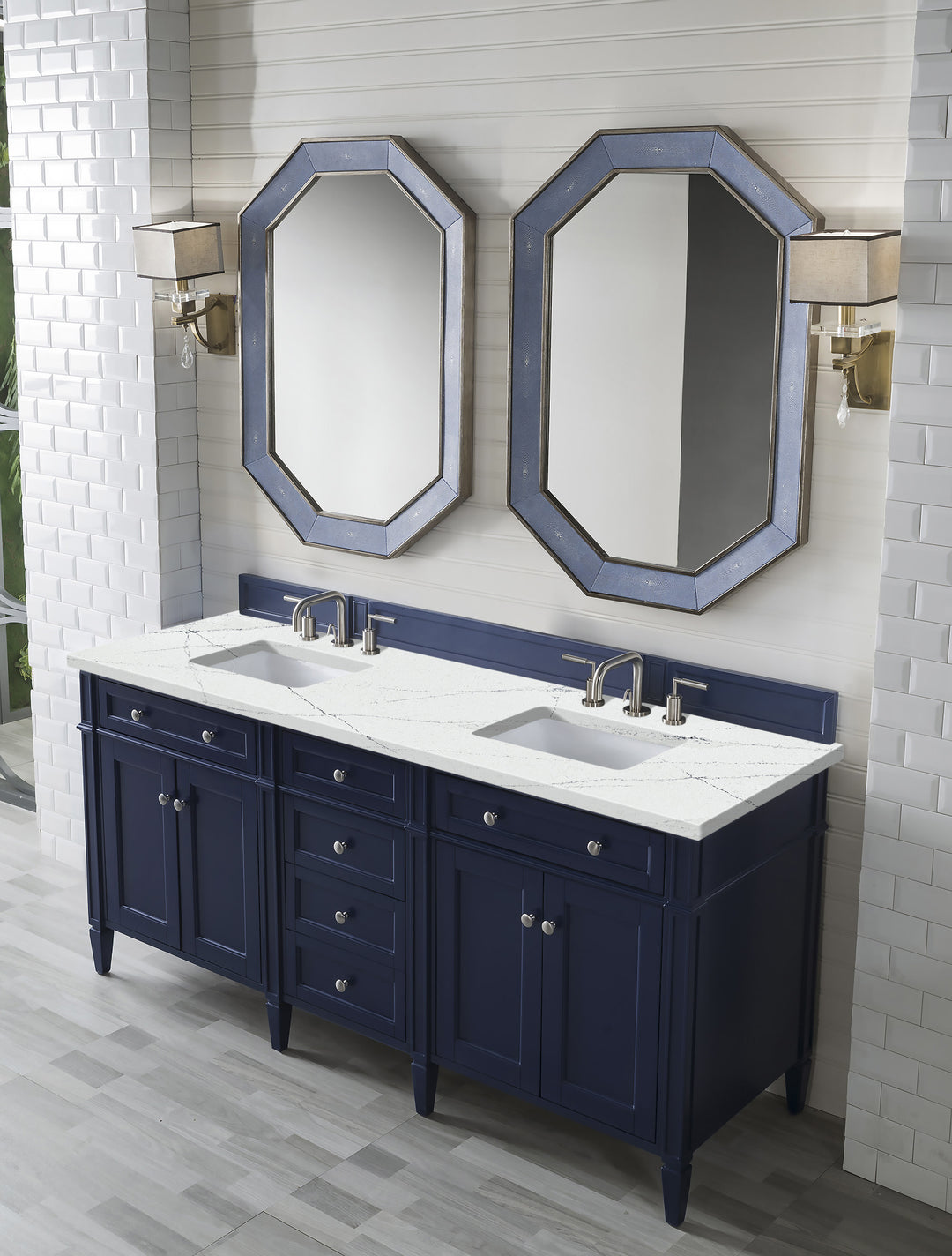 Brittany 72" Double Vanity, Victory Blue w/ 3 CM Ethereal Noctis Silestone Top w/FreePower Wireless Charger