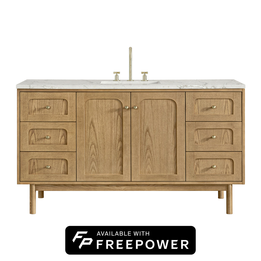 Laurent 60" Single Vanity, Light Natural Oak, w/ 3 CM Victorian Silver Silestone Top w/ FreePower Wireless Charger