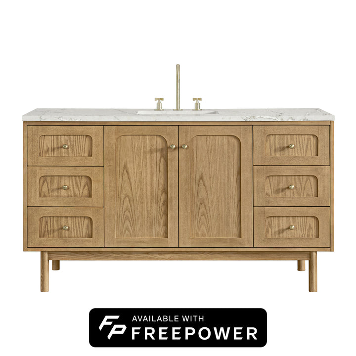 Laurent 60" Single Vanity, Light Natural Oak, w/ 3 CM Victorian Silver Silestone Top w/ FreePower Wireless Charger