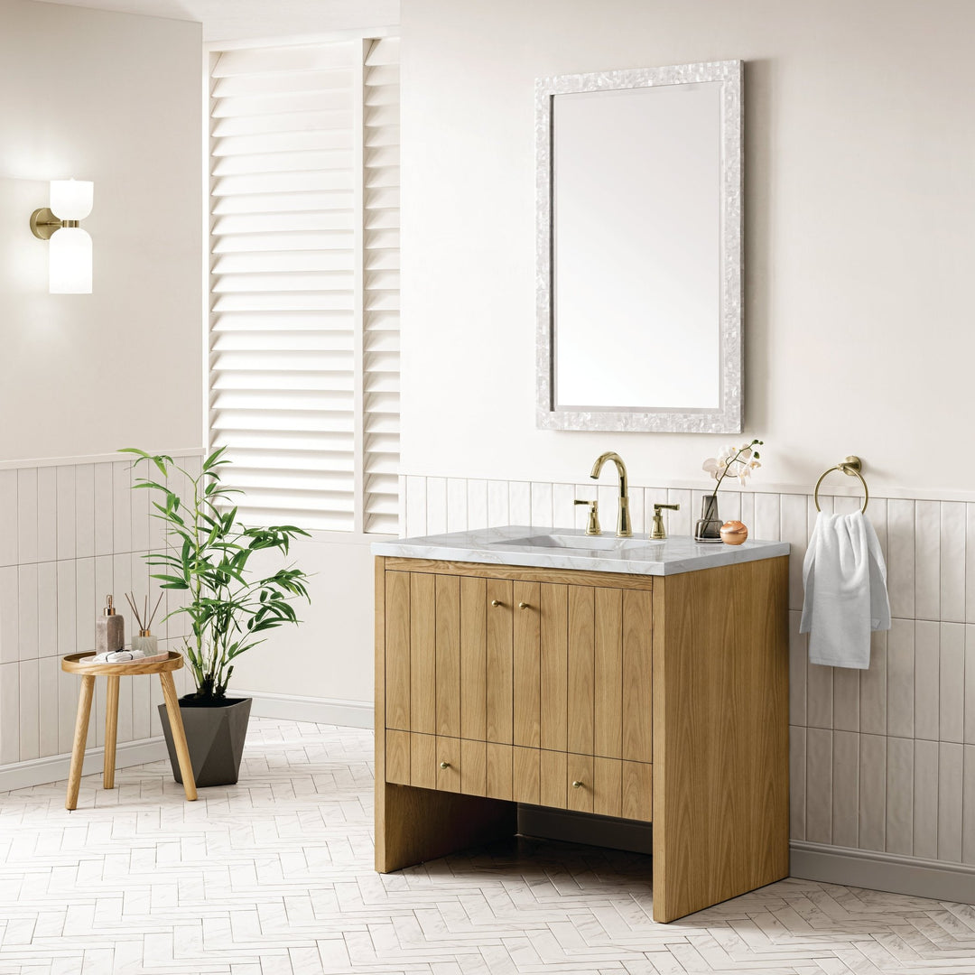 Hudson 36" Single Vanity, Light Natural Oak w/ 3 CM Victorian Silver Top