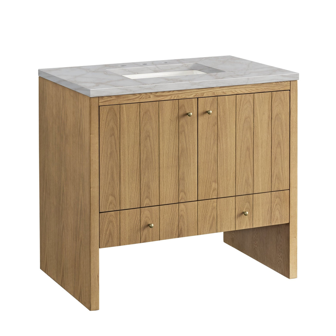 Hudson 36" Single Vanity, Light Natural Oak w/ 3 CM Victorian Silver Top