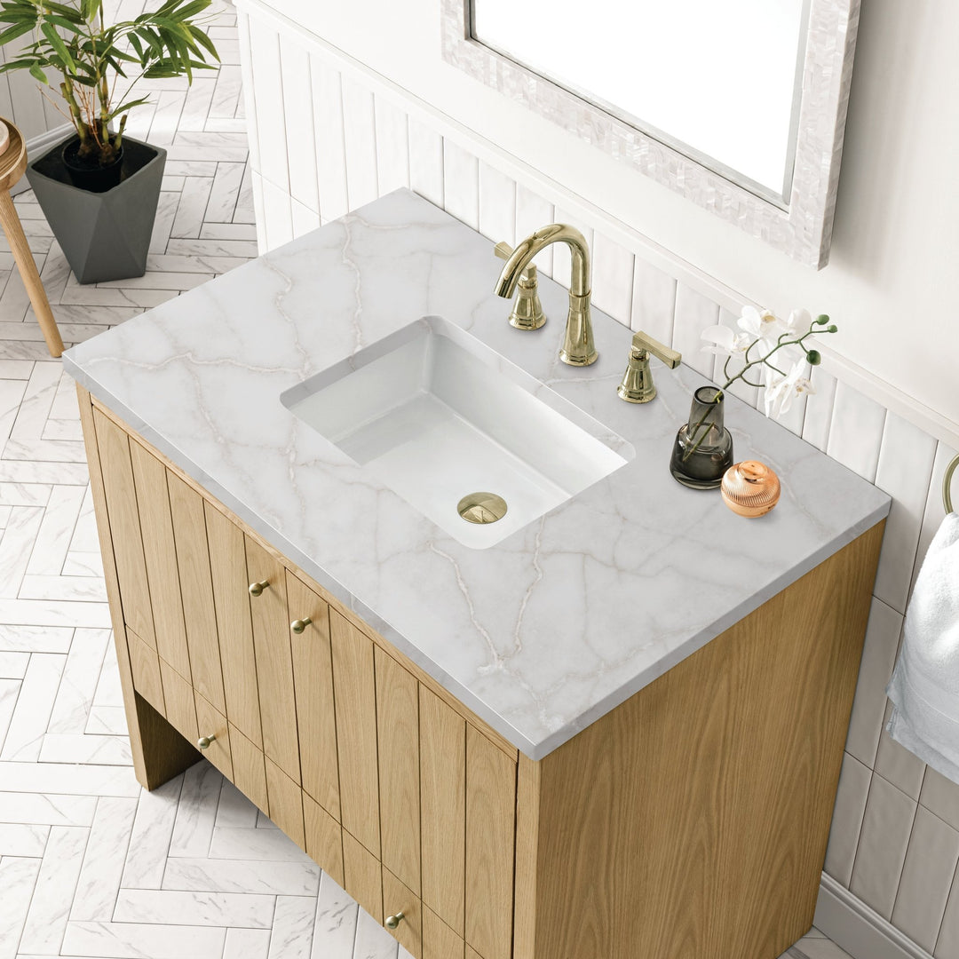 Hudson 36" Single Vanity, Light Natural Oak w/ 3 CM Victorian Silver Top