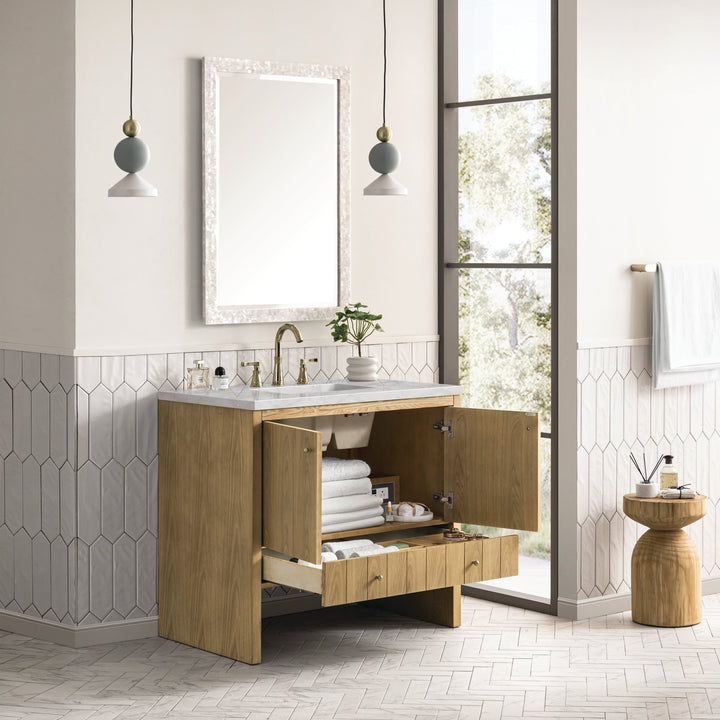 Hudson 36" Single Vanity, Light Natural Oak w/ 3 CM Victorian Silver Top