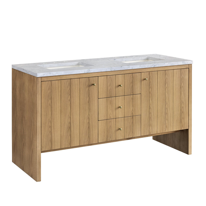 Hudson 60" Double Vanity, Light Natural Oak w/ 3 CM Carrara Marble Top