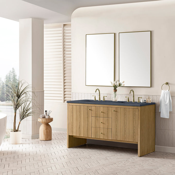 Hudson 60" Double Vanity, Light Natural Oak w/ 3 CM Charcoal Soapstone Top