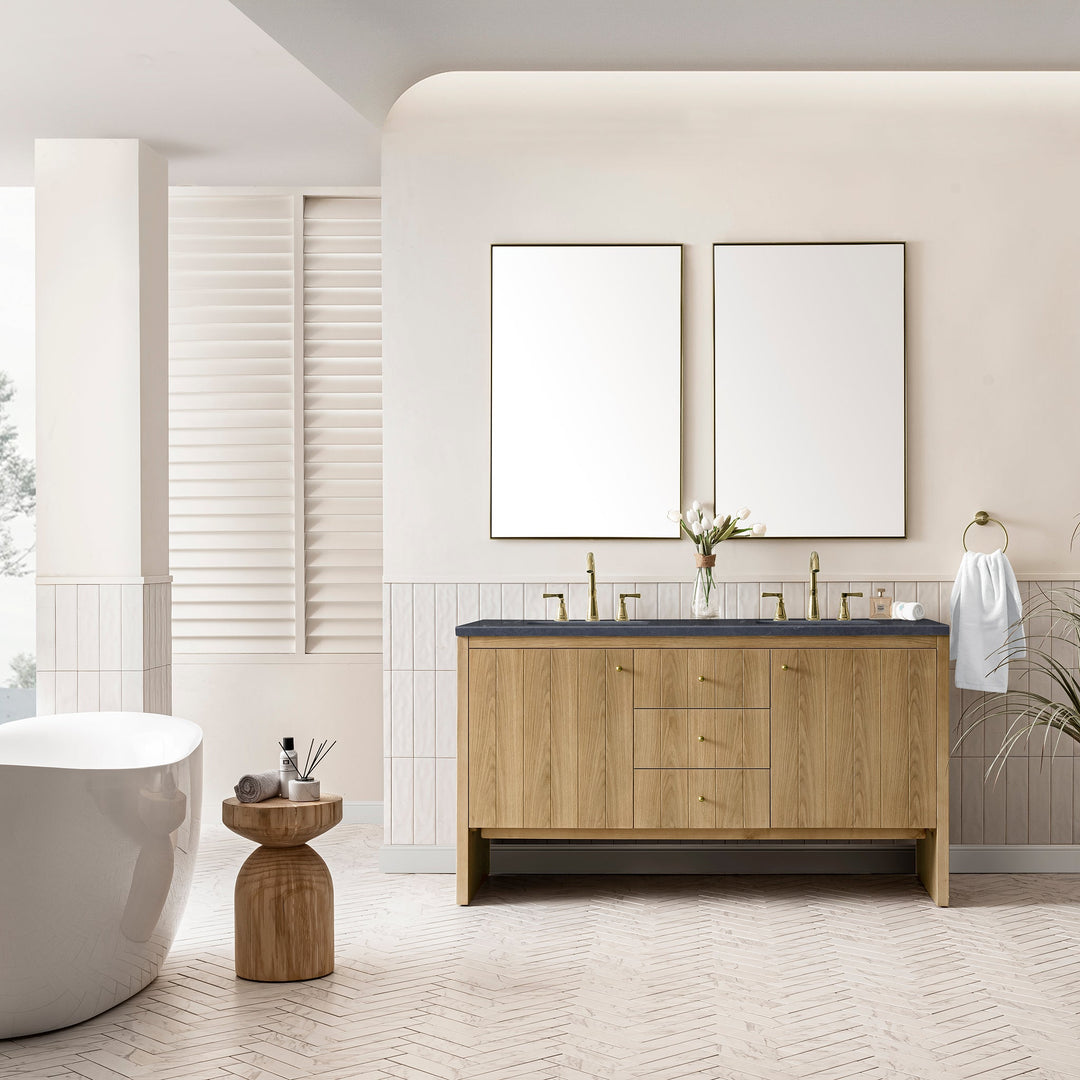 Hudson 60" Double Vanity, Light Natural Oak w/ 3 CM Charcoal Soapstone Top