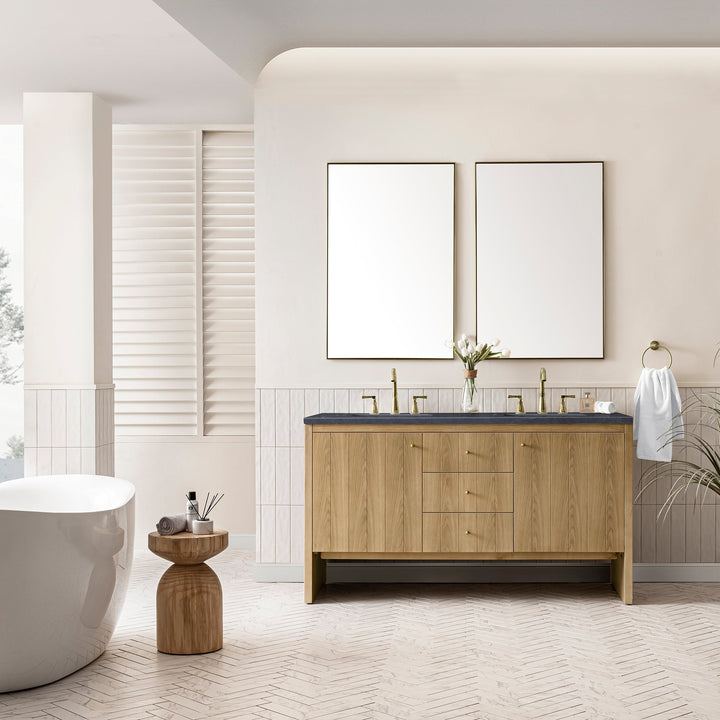 Hudson 60" Double Vanity, Light Natural Oak w/ 3 CM Charcoal Soapstone Top