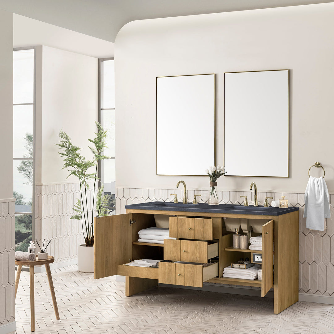 Hudson 60" Double Vanity, Light Natural Oak w/ 3 CM Charcoal Soapstone Top