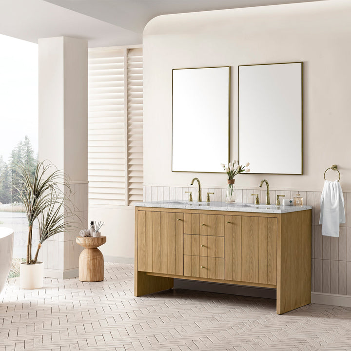 Hudson 60" Double Vanity, Light Natural Oak w/ 3 CM Eternal Jasmine Pearl Top