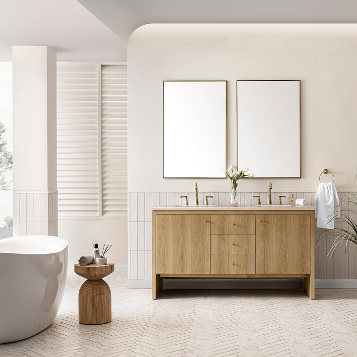 Hudson 60" Double Vanity, Light Natural Oak w/ 3 CM Eternal Marfil Top