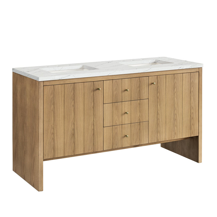 Hudson 60" Double Vanity, Light Natural Oak w/ 3 CM Ethereal Noctis Top w/FreePower Wireless Charger
