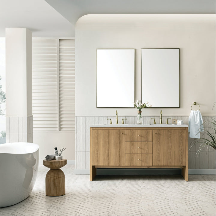 Hudson 60" Double Vanity, Light Natural Oak w/ 3 CM Lime Delight Top