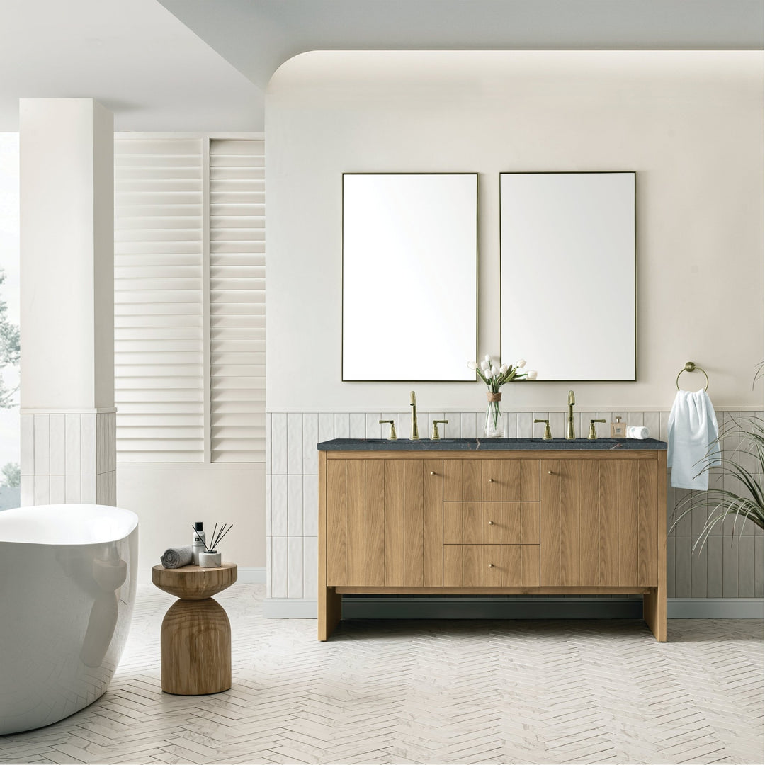 Hudson 60" Double Vanity, Light Natural Oak w/ 3 CM Parisien Bleu Top w/FreePower Wireless Charger