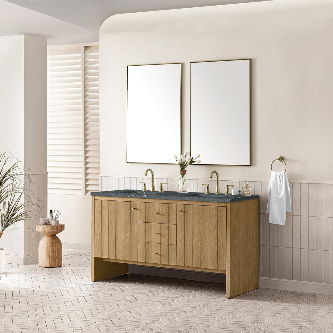 Hudson 60" Double Vanity, Light Natural Oak w/ 3 CM Parisien Bleu Top w/FreePower Wireless Charger