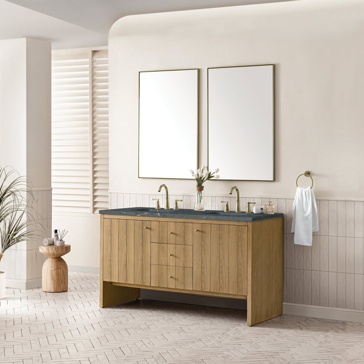 Hudson 60" Double Vanity, Light Natural Oak w/ 3 CM Parisien Bleu Top w/FreePower Wireless Charger