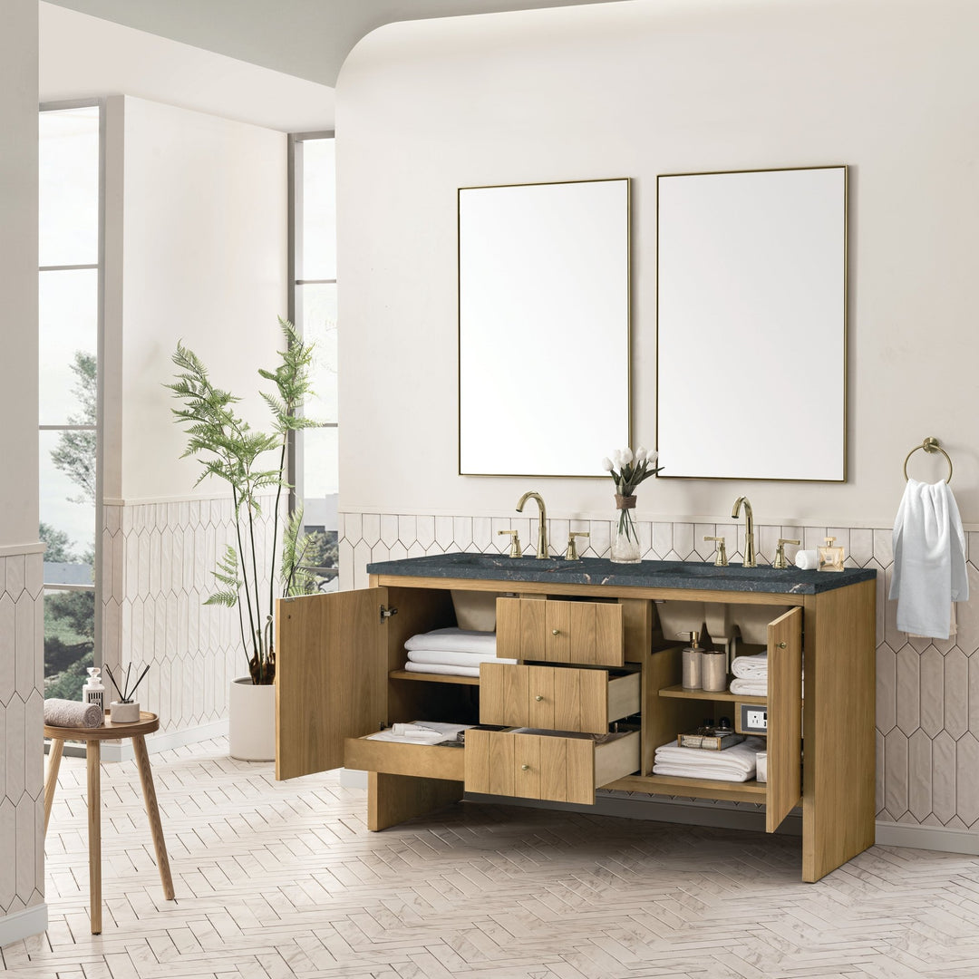 Hudson 60" Double Vanity, Light Natural Oak w/ 3 CM Parisien Bleu Top w/FreePower Wireless Charger
