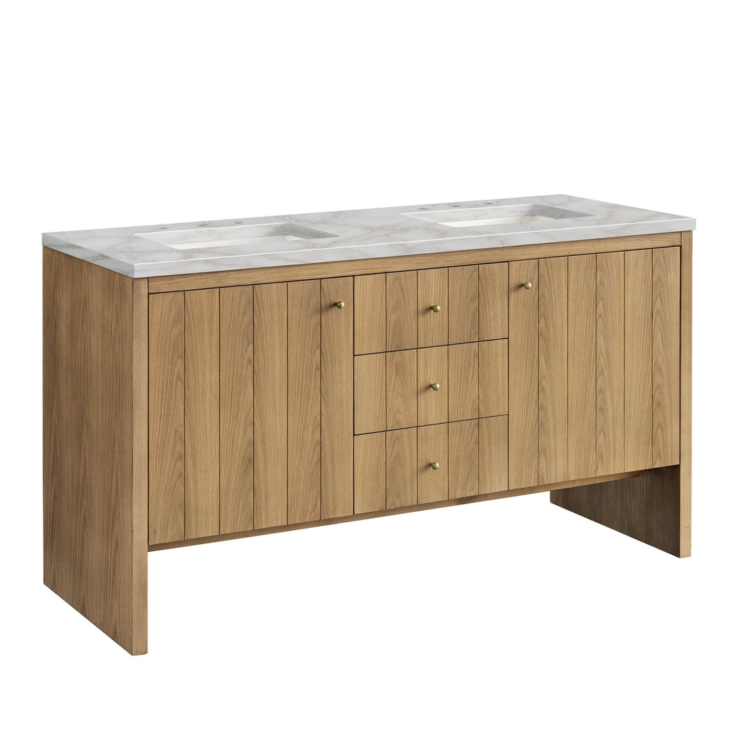 Hudson 60" Double Vanity, Light Natural Oak w/ 3 CM Victorian Silver Top w/FreePower Wireless Charger
