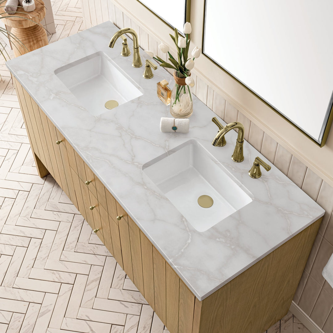 Hudson 60" Double Vanity, Light Natural Oak w/ 3 CM Victorian Silver Top w/FreePower Wireless Charger