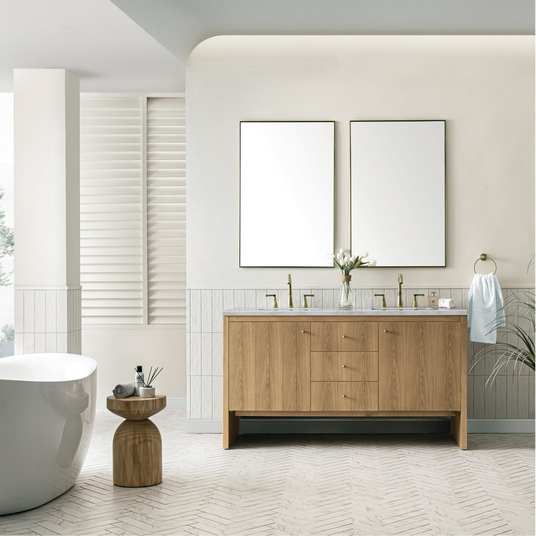 Hudson 60" Double Vanity, Light Natural Oak w/ 3 CM Victorian Silver Top w/FreePower Wireless Charger