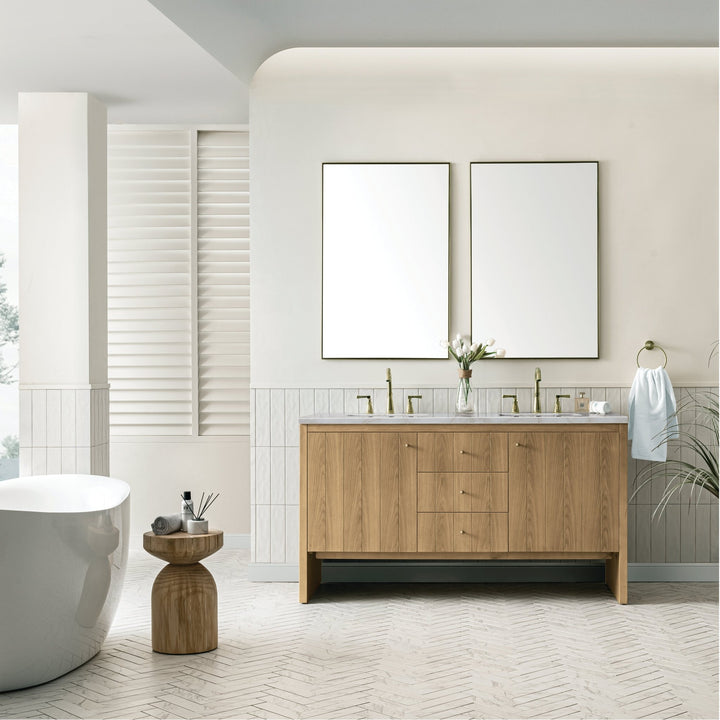 Hudson 60" Double Vanity, Light Natural Oak w/ 3 CM Victorian Silver Top w/FreePower Wireless Charger