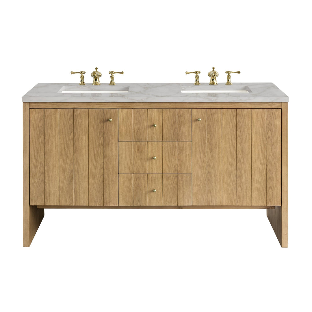 Hudson 60" Double Vanity, Light Natural Oak w/ 3 CM Victorian Silver Top w/FreePower Wireless Charger
