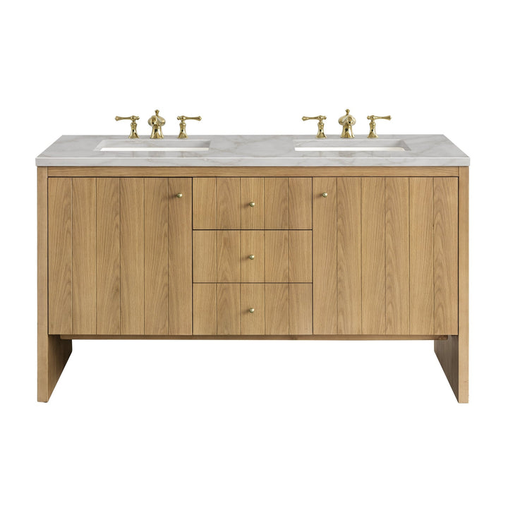 Hudson 60" Double Vanity, Light Natural Oak w/ 3 CM Victorian Silver Top w/FreePower Wireless Charger