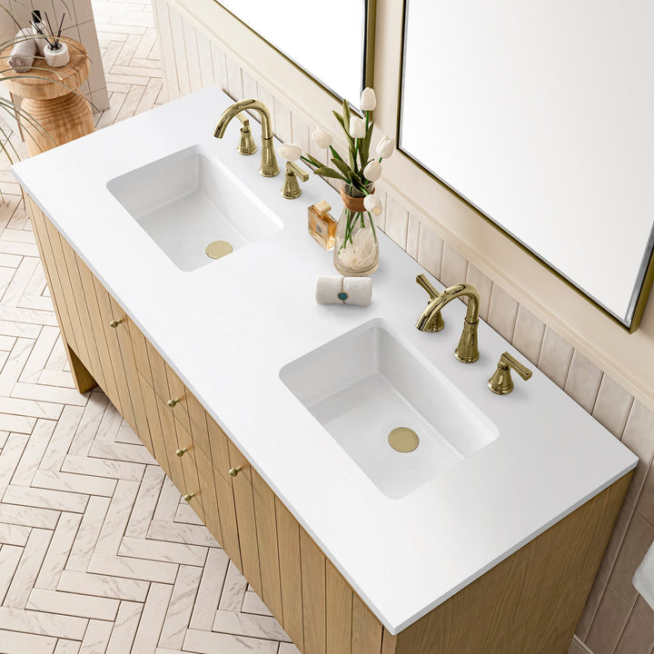 Hudson 60" Double Vanity, Light Natural Oak w/ 3 CM White Zeus Top