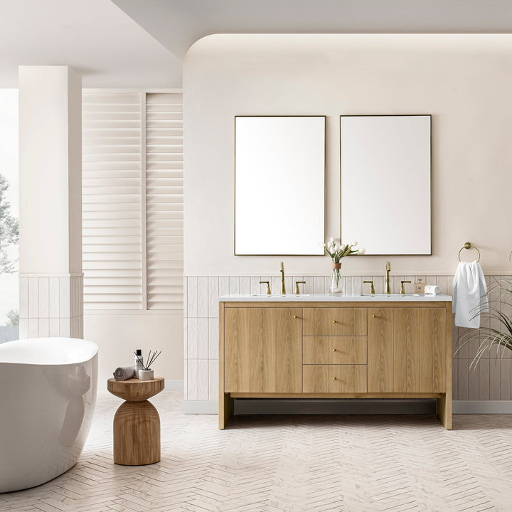 Hudson 60" Double Vanity, Light Natural Oak w/ 3 CM White Zeus Top