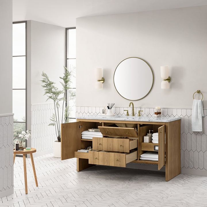Hudson 60" Single Vanity, Light Natural Oak w/ 3 CM Carrara Marble Top