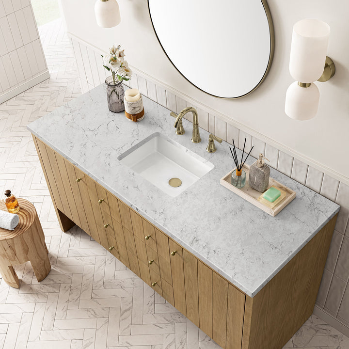 Hudson 60" Single Vanity, Light Natural Oak w/ 3 CM Eternal Jasmine Pearl Top w/ FreePower Wireless Charger