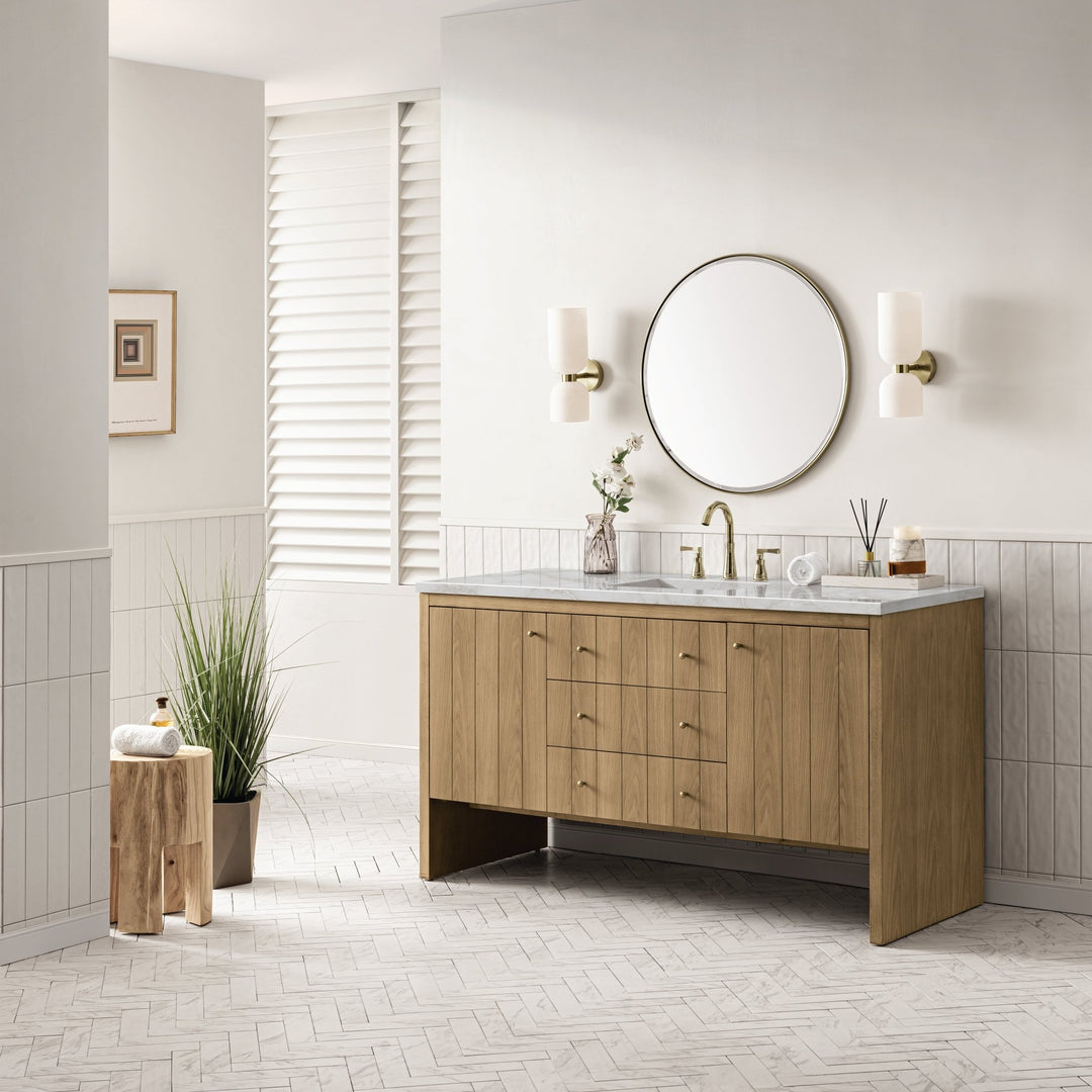 Hudson 60" Single Vanity, Light Natural Oak w/ 3 CM Victorian Silver Top