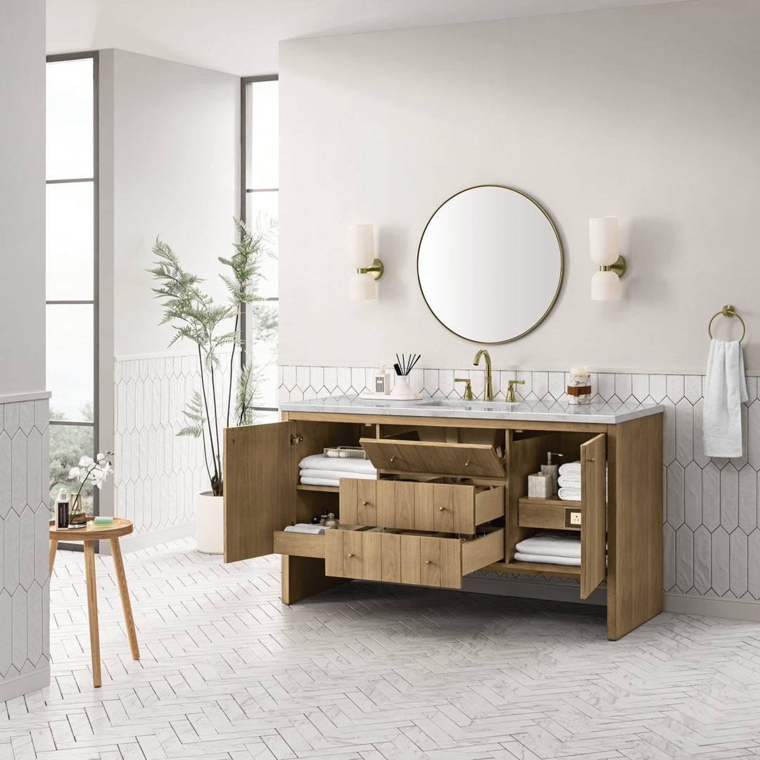 Hudson 60" Single Vanity, Light Natural Oak w/ 3 CM Victorian Silver Top
